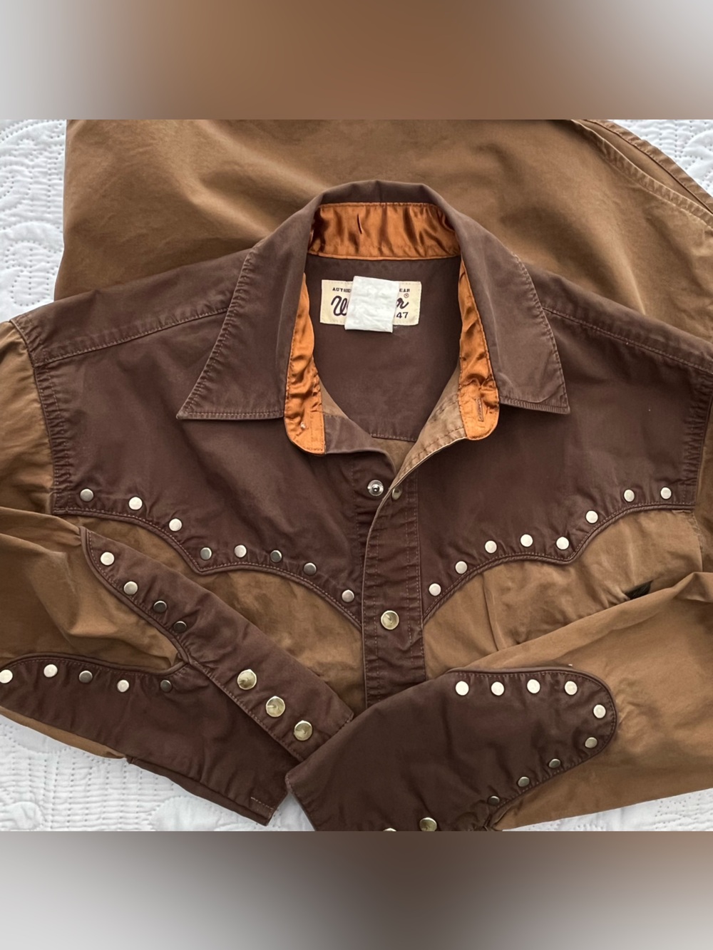 Men's Vtg Wrangler TwoTone Brown Pearl Snap Studded Western Cowboy Ranch Shirt S - Picture 9 of 11